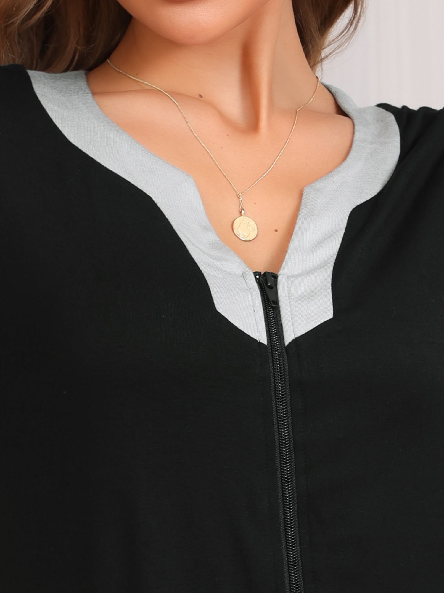 DARING DIVA Women's Zipper Front Short Sleeves Zip Up Sleepwear with Pockets S Black