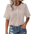 thumbnail image 3 of Craaazy Women Plus Size Tops Loose Fit Solid Color Doll Collar Button Up Short Sleeve Cotton T Shirts for Daily Wear Gift, 3 of 6