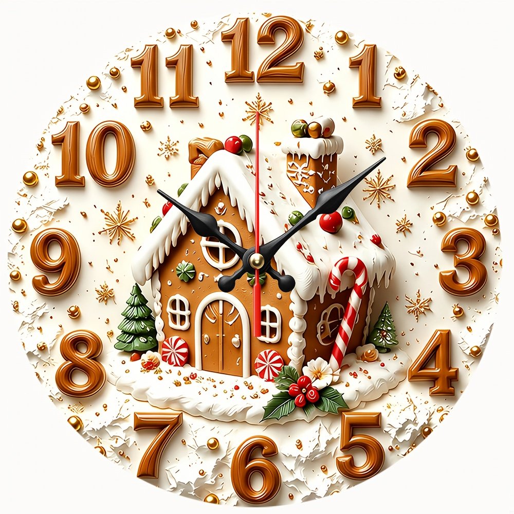2D Flat Wooden Wall Clock,Gingerbread House Christmas Wall Clock,Xmas Candy Cane Holiday Art Decor Clock for Kitchen, Living Room Decoration,AA Battery Not Included