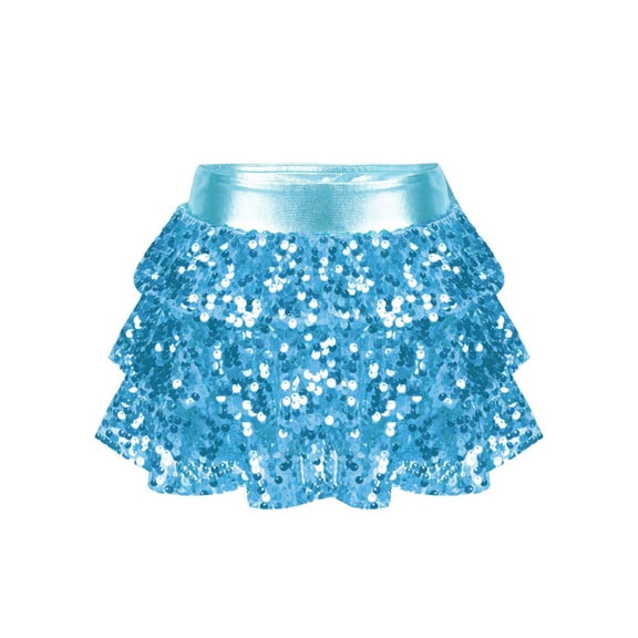 Aislor Kids Girls Sequined Metallic Mini Ballet Hip Hop Jazz Dance Skirt Dancer Performance Costume Size 4-16 Light Blue 16