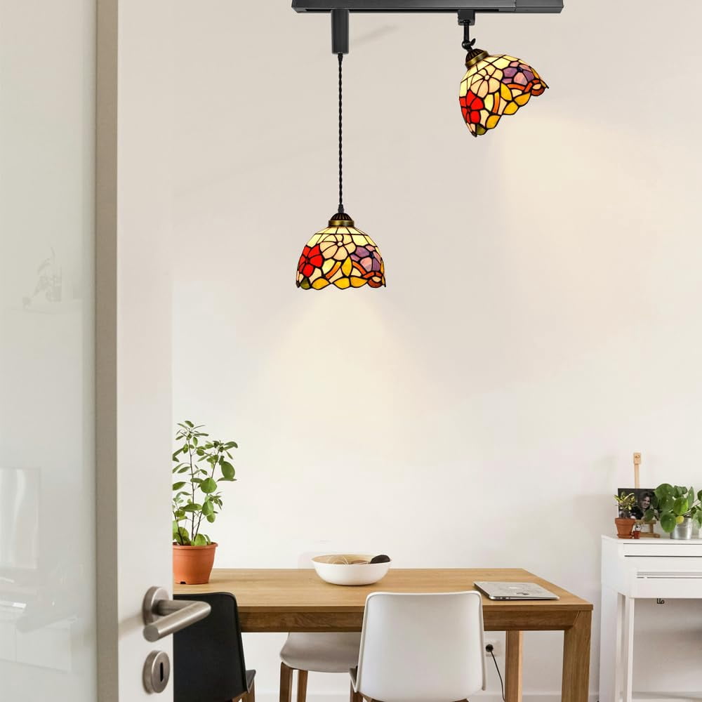 KAYYELAMP 1x Plug in Cable Track Rail, 1X Adjustable Cord, 1x Adjustable Angle Morning Glory Handmade Colorful Glass H-Type Tiffany Track Lighting Fixture for Kitchen Loft(No Bulb)