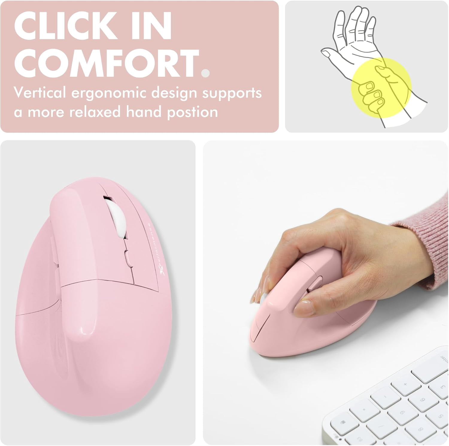X9 Performance Wireless Vertical Ergonomic Mouse - (BT + 2.4Ghz) - Click in Comfort - Up to 4000 DPI, 6 Button, Rechargeable - Bluetooth Ergonomic Vertical Mouse Wireless - For Mac and PC - Pink