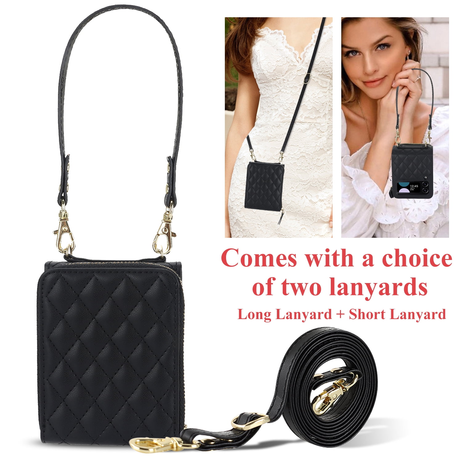 for Samsung Galaxy Z Flip 3 Crossbody Wallet Case with Card Holder 8-Card Slots Wallet Case with Adjustable Strap Soft PU Leather Protective Zipper Phone Case for Women Girls,Black