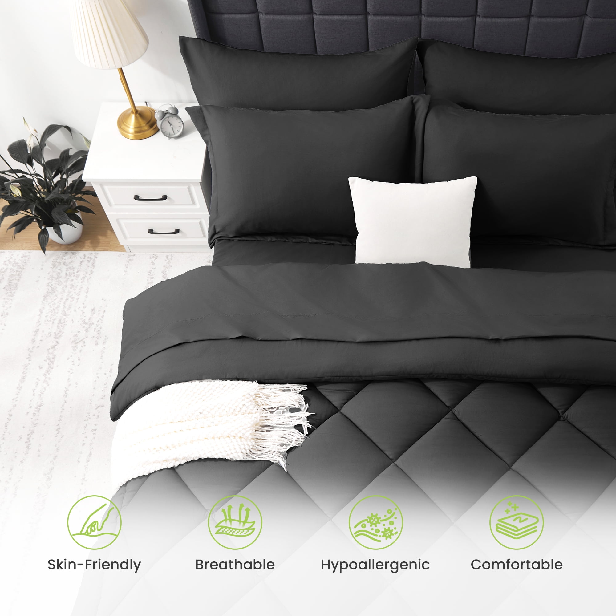 WISHEAD Full Bed in a Bag Comforter Set with 7 Pieces - Black All Season Bedding Sets with Comforter, Pillow Shams, Flat Sheet, Fitted Sheet and Pillowcases