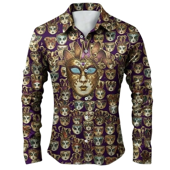 Telankuip Mardi Gras Muscle Fit Dress Shirts for Men Long Sleeve Lapel Button down Hipster Shirts 2026 Fashion All-Over Masks Print Carnival Holiday Casual Tee Tops 3-Purple XL