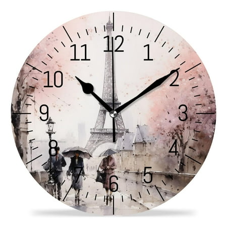 ATEDEANEI 12 Wall Clock Battery Operated Silent Non Ticking Eiffel Tower Pink Paris Lovely Design