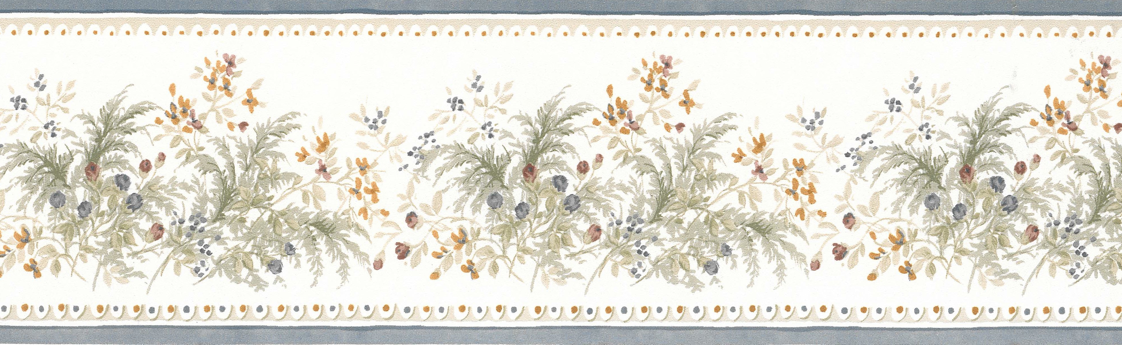 Prepasted Wallpaper Border Floral Blue, Beige, Grey, Orange Blooming