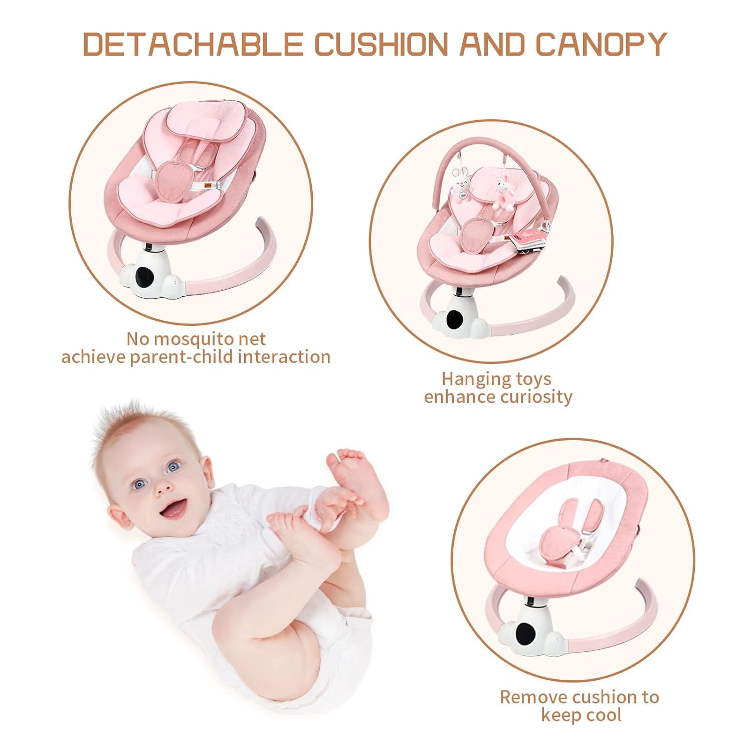 PRVAETU Electric Baby Swing for Infant Newborn W/ 5 Speed,10 Lullabies,5-Point Harness,Detachable Cushion & Canopy,Remote Control & Touch Panel,Pink