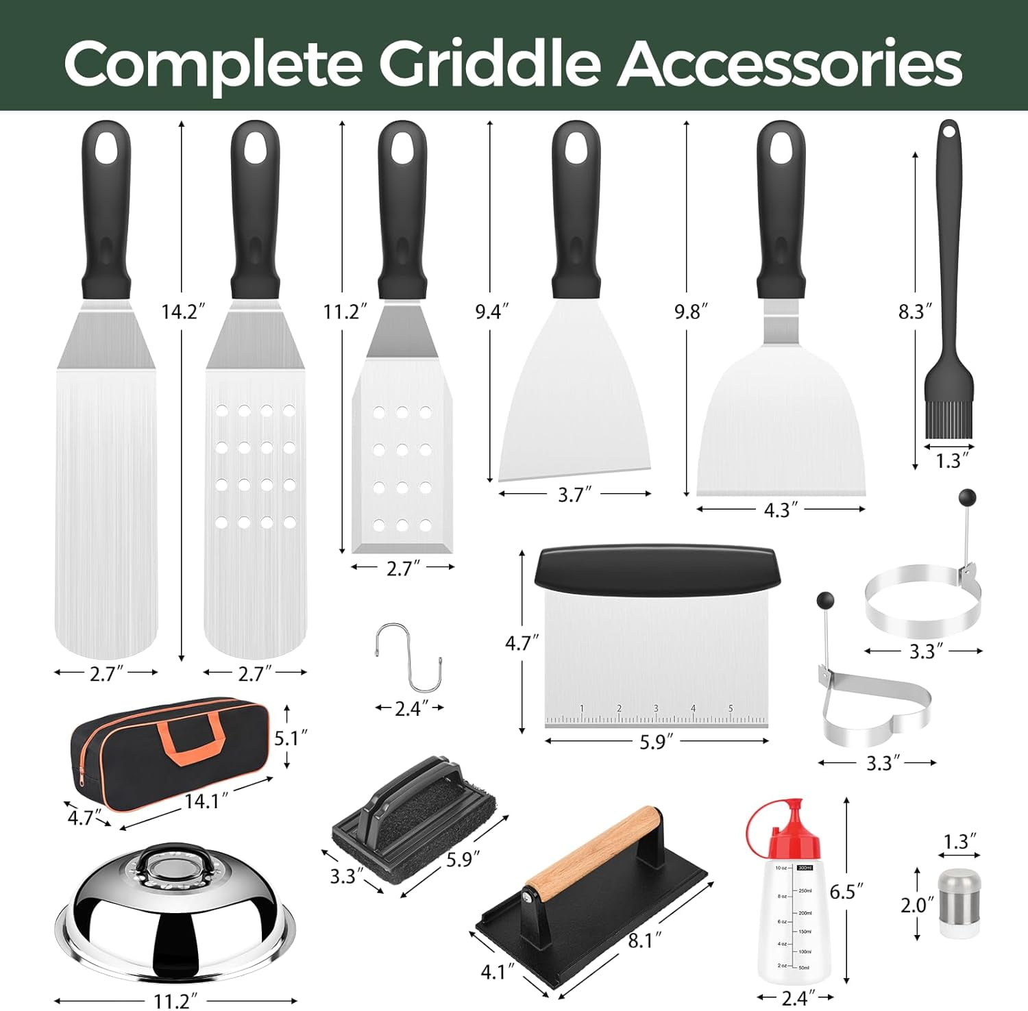 28-Piece Professional Griddle Accessories Kit for Blackstone & Camp Chef. Includes 2 Basting Covers, Enlarged Spatulas & Press for Ultimate Flat Top Grill Mastery