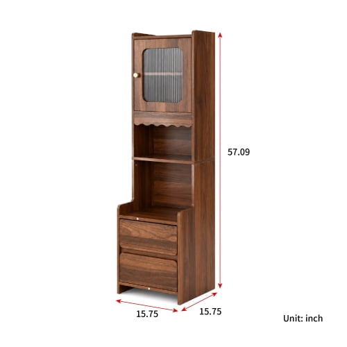 Modern Tall Nightstand with Glass Door and 2 Drawers, Walnut Wood Bedside Table with Open Shelves for Bedroom, Living Room