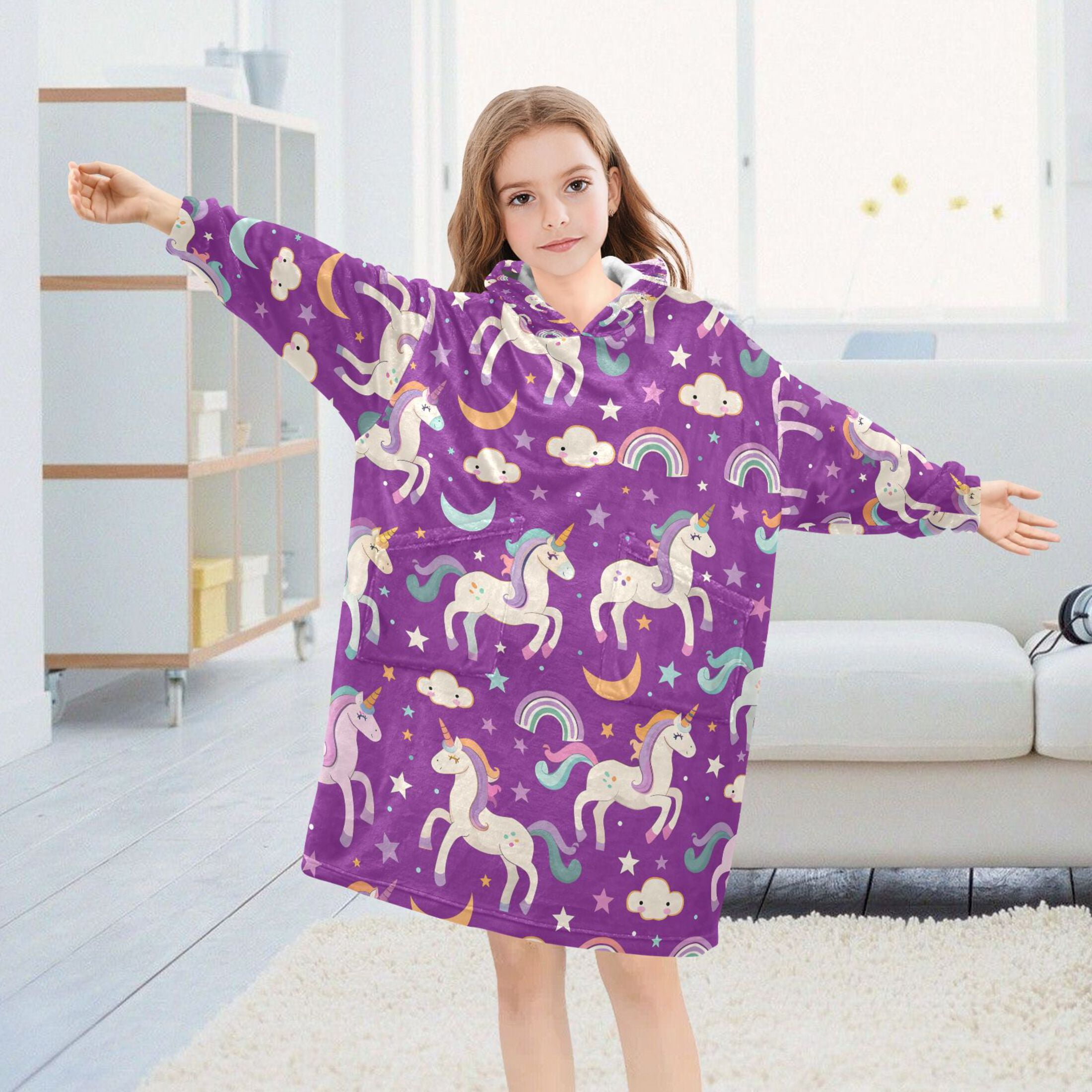 joogoo Wearable Blanket Hoodie Unicorn Rainbow Clouds for Flannel Sherpa Pocket 3-14 YR S
