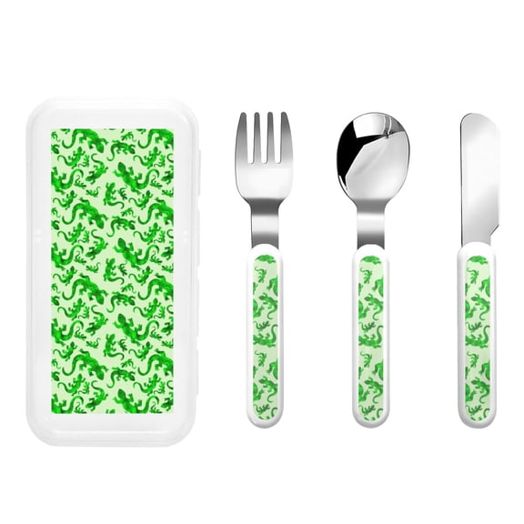 Honeii Green Lizard Print Children's Knife, Fork And Spoon Set,Reusable Utensils Set with Case,Travel Cutlery Set,for Kids Adults Camping
