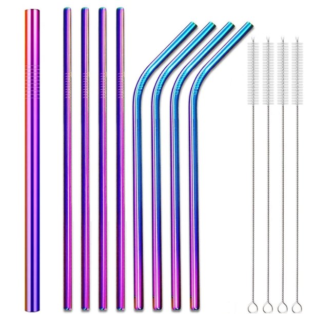 Pajitas metálicas reutilizables de 8.5" (6/12 mm), curvas y rectas, para 20 vasos de 30 oz. Incluye 9 pajitas de acero inoxidable arcoíris con 4 cepillos de limpieza para batidos, malteadas, cócteles