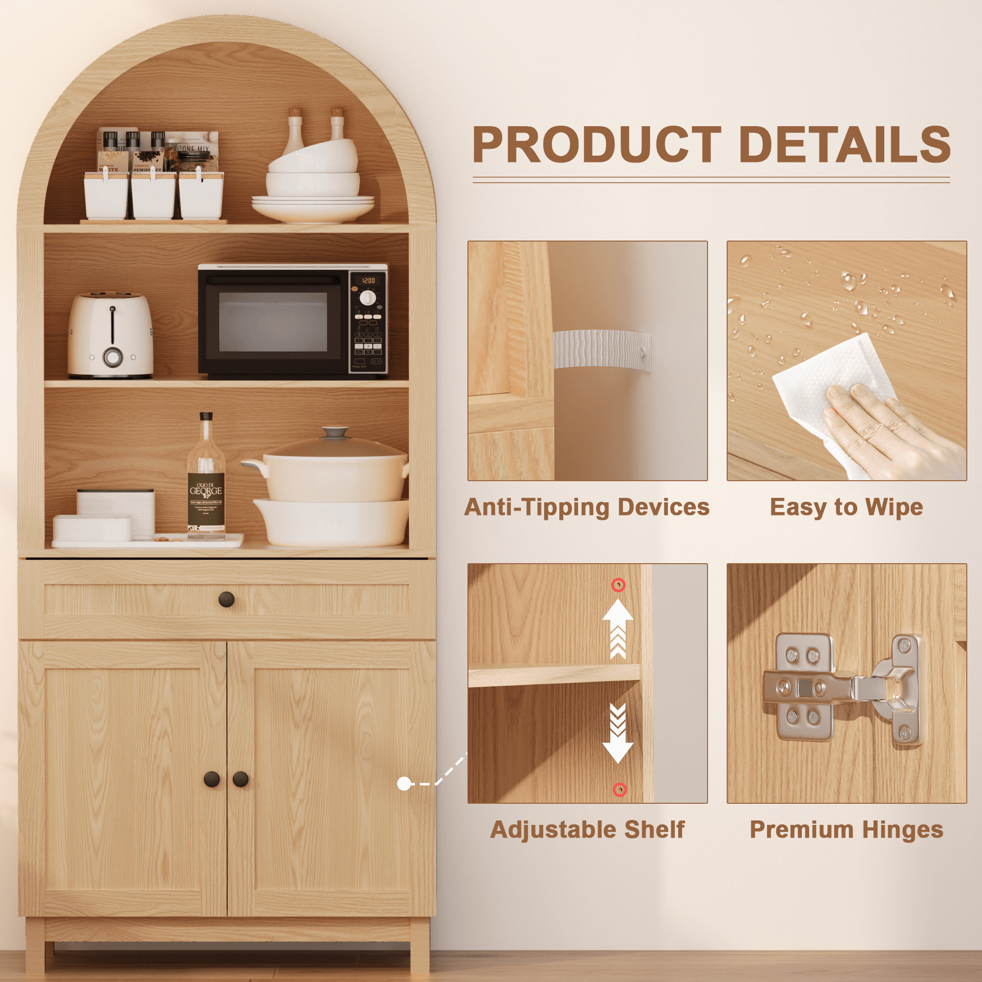 HARIPUL Arched Pantry Cabinet, 71" Kitchen Pantry Cabinet with Smooth Gliding Drawers and Adjustable Shelf, Wood Storage Cabinets Anti-Tipping, Modern Farmhouse for Living Room, Dining Room