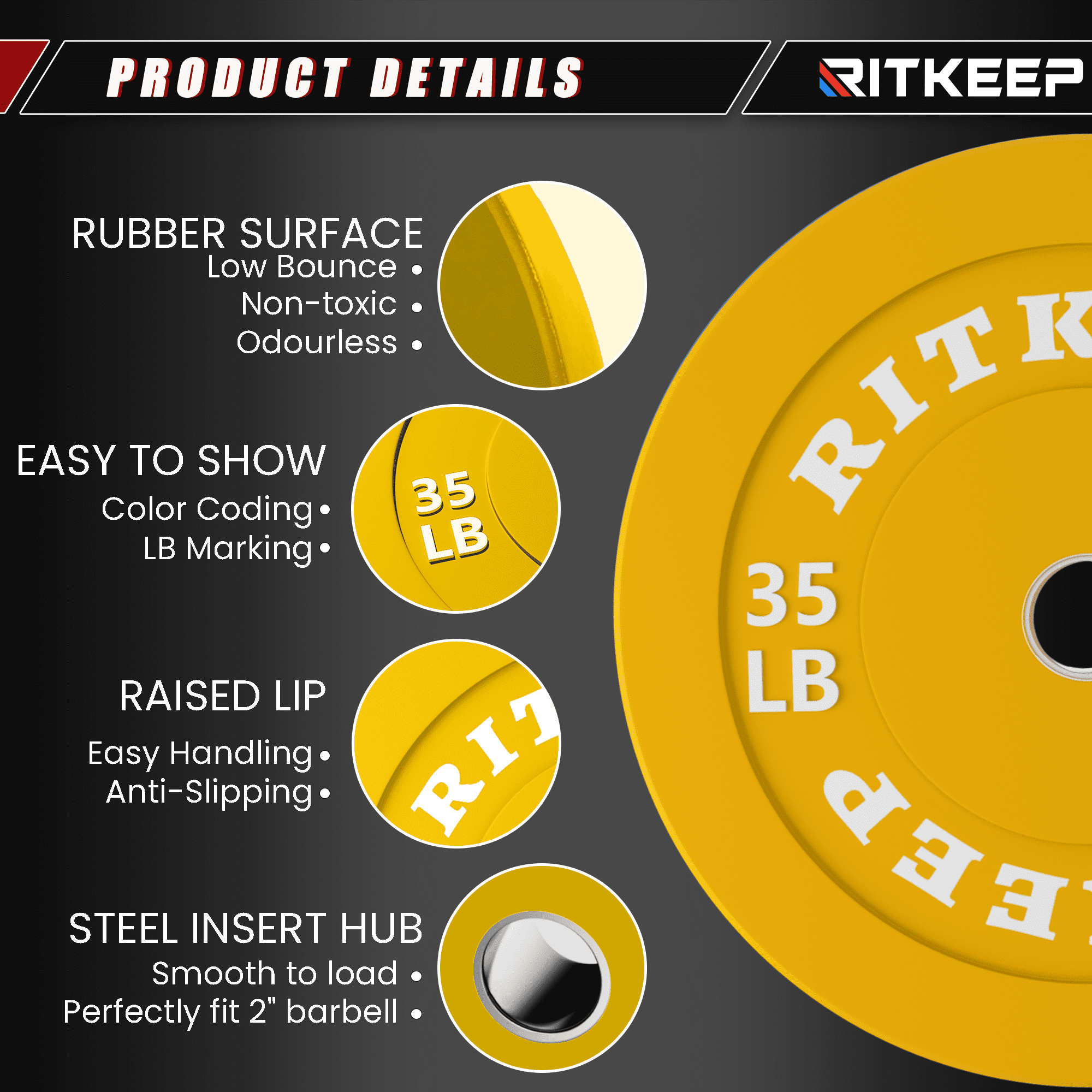 Ritkeep 2" Olympic Low Bounce Rubber Bumper Weight Plates for Home Gym