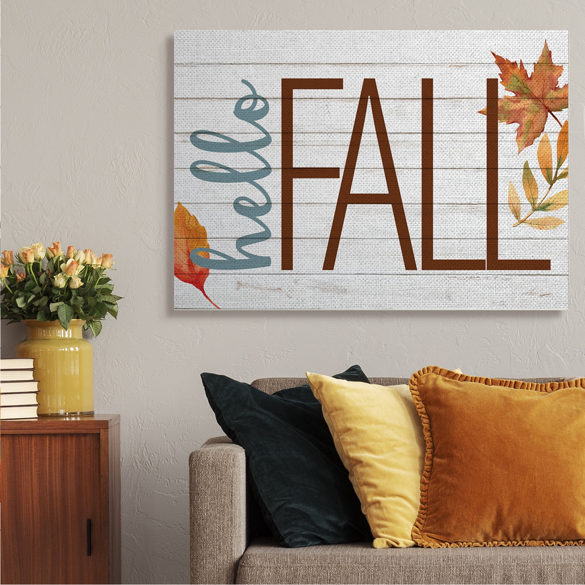 Stupell Industries Hello Fall Planked Look Autumn Foliage Canvas Wall Art, 36 x 48, Design by Kim Allen