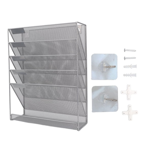 BOKYAN 5‑Tier Iron Mesh Wall File Organizer with Hooks, Vertical Storage, Easy Install, Glossy Edges, Ideal for Office & Home