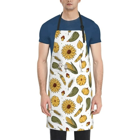 

Tebeau Cartoon Corn Pumpkin Sunflower Print Waterproof Cooking Aprons Adjustable Bib Soft Chef Apron with 2 Pockets for Men Women