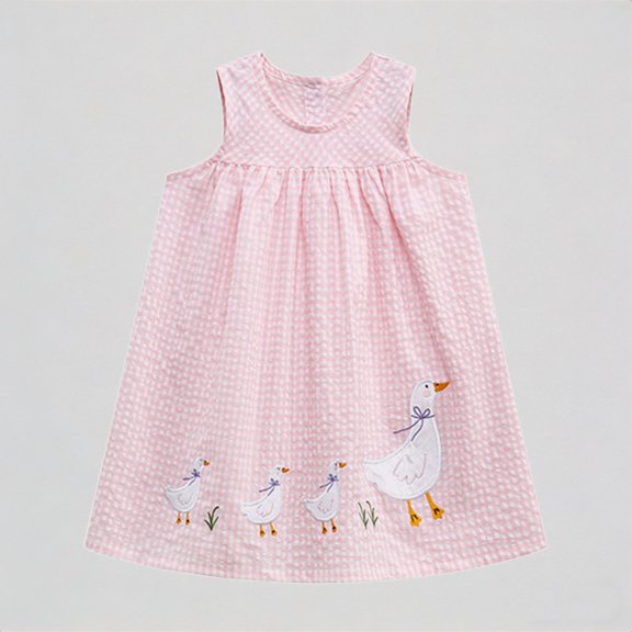 REDARER Girls Plaid Sleeveless Dress with Animals Embroidery Casual Summer Everyday Outfit,2-3 Years
