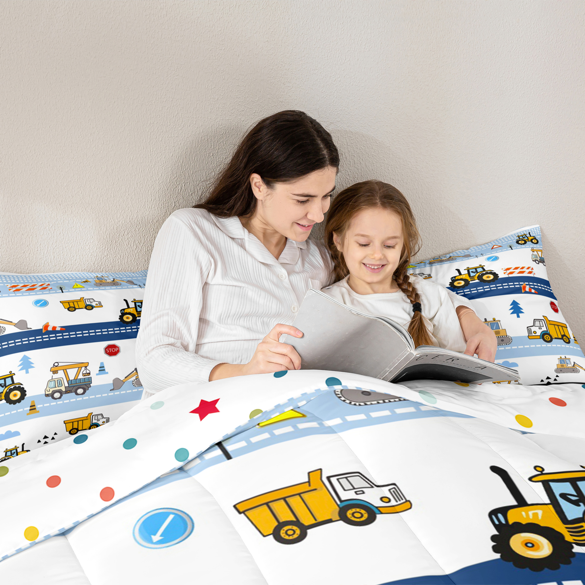 Homewish Cartoon Excavator Bulldozer 7-Piece Twin Bedding Sets,Construction Vehicles Bedding Comforter Set,Blue White Yellow Sheet Sets For Boys Kids,Super Cozy Room Decor Reversible