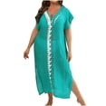 thumbnail image 1 of Birdeem Womens Contrasting Color Patchwork Deep V Short Sleeved Split Dress, 1 of 1