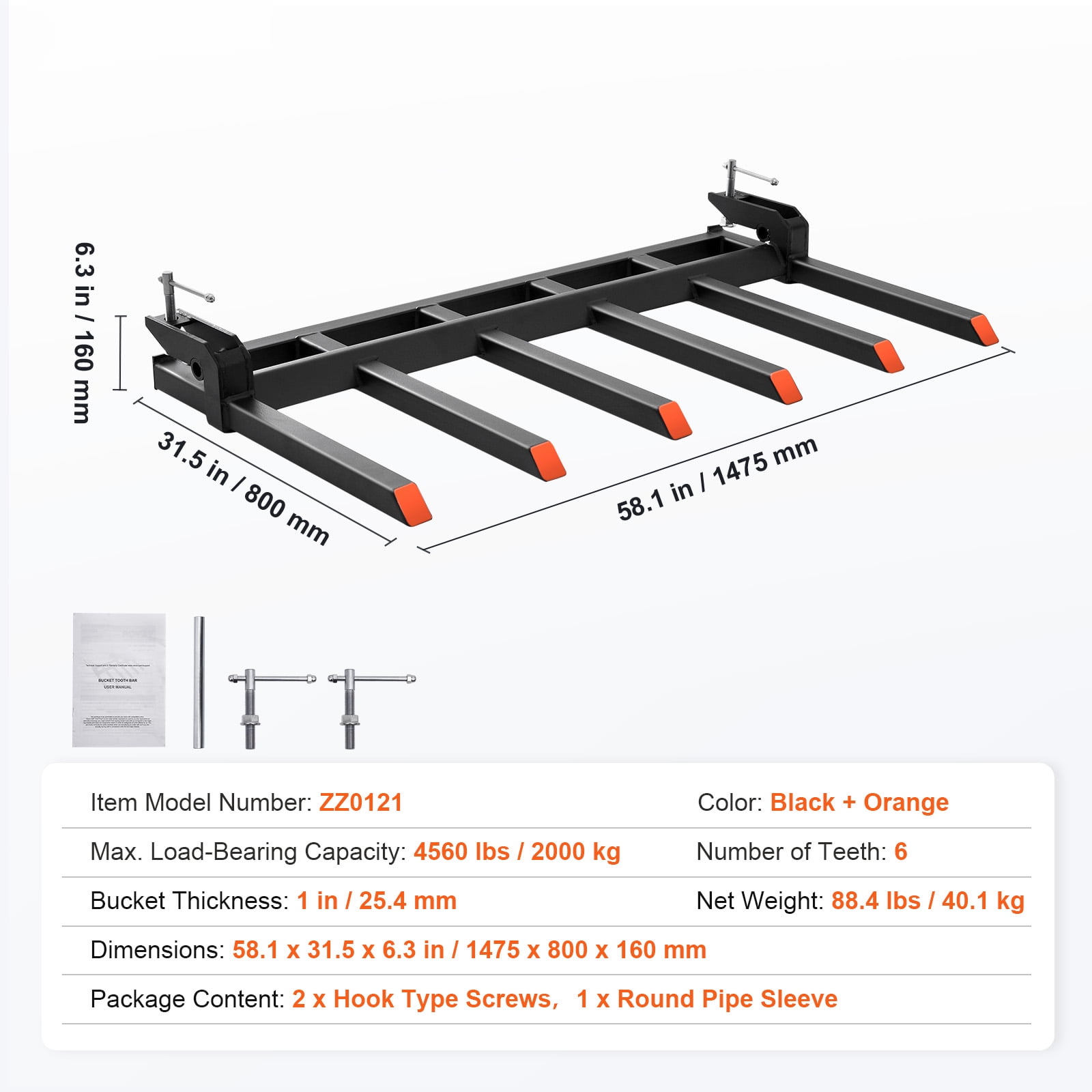 KFFKFF 4,560 lbs Clamp on Debris Pallet Fork 60" Bucket Capacity Heavy Duty