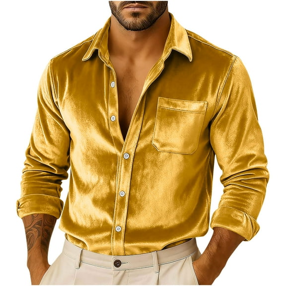 GuangCheng Mens Tops Velvet,Long Sleeve,Button Down,Shirts with Chest Pocket,Oversized Fit,Soft Luxurious Comfortable Casual Tees,Gold,Size 2XL