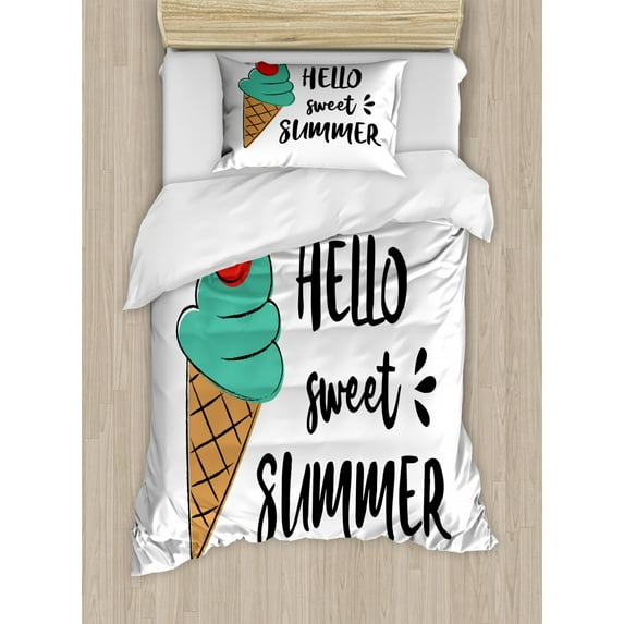 Hello Summer Duvet Cover Set Twin Size, Hand Drawn Typography with Cherry Top Ice Cream, Decorative 2 Piece Bedding Set with 1 Pillow Sham, Seafoam Scarlet Pale Brown Charcoal Grey, by Ambesonne