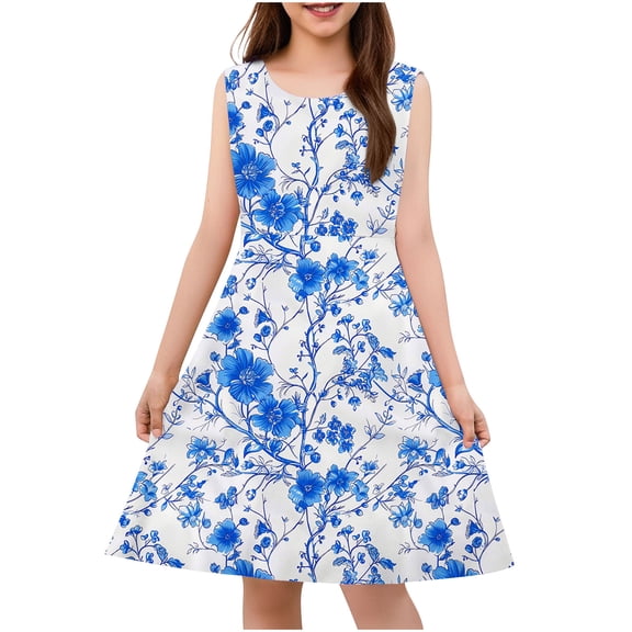 AUNVITO Girls Sleeveless Floral Print Tank Dress Simple Design Casual Summer Bohemian Style
