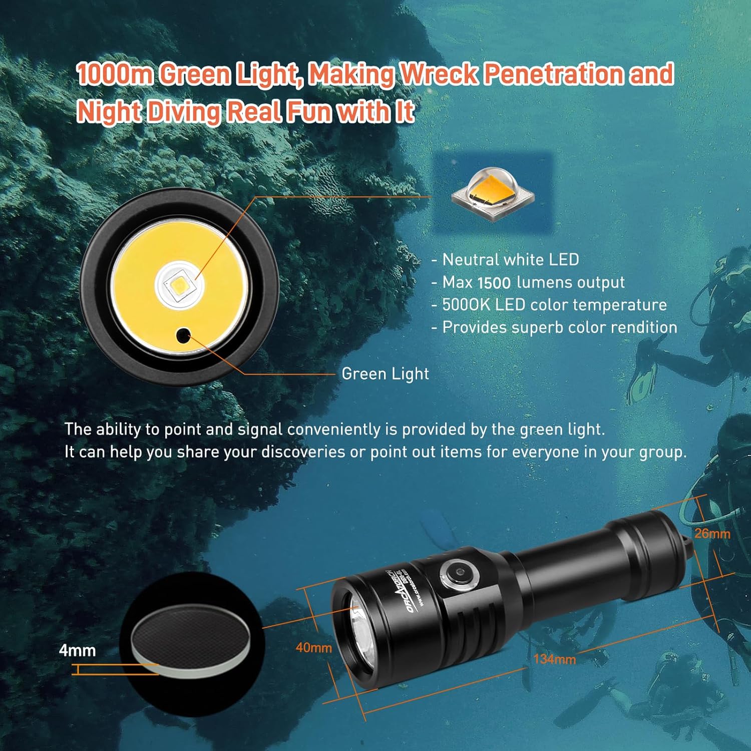 ORCATORCH D570-GL 2.0 Scuba Diving Signal Light 1500 Lumens Underwater Flashlight, 1000M Green Beam and White LED Combo, Rechargeable Battery for Night Dive Training Instructor Cave Exploration