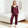 thumbnail image 1 of Ensemble de Pyjama en Satin pour Femmes, Couleur Unie avec Garniture Contrastée, Haut à Manches Longues avec Col Cranté et Pantalon, Détail de Manchette Contrastée Élégant, Pyjama Boutonné Violet G, 1 of 8