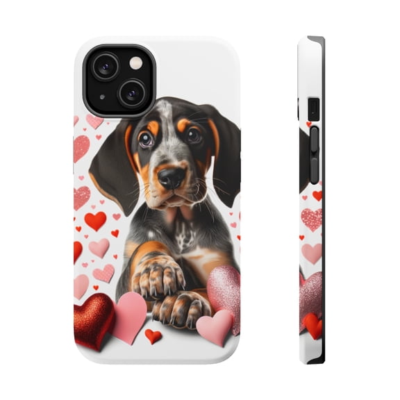 DistinctInk MagSafe Tough Case for Apple iPhone 13 Mini (5.4" Screen) - Valentine's Day Bluetick Coonhound Puppy - Slim Profile Design