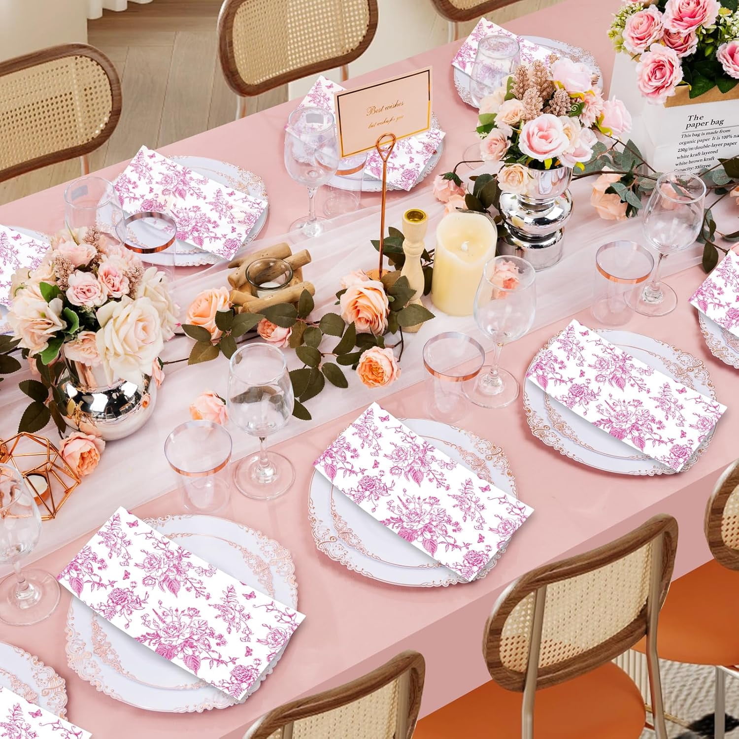 100 PCS Pink Napkins Disposable, Pink Wildflower Paper Napkins 3 Ply Paper Towels Home Party Guest Bathroom Chinoiserie Napkin Bridal Shower Wedding, Decorative Napkins