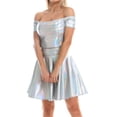 thumbnail image 5 of Women's 2Piece Metallic Outfit Shiny Off Shoulder Crop Top + Silver Mini Skirt Dress Alien Costume Rave Clubwear XXL Holographic Silver - Off Shoulder, 5 of 8