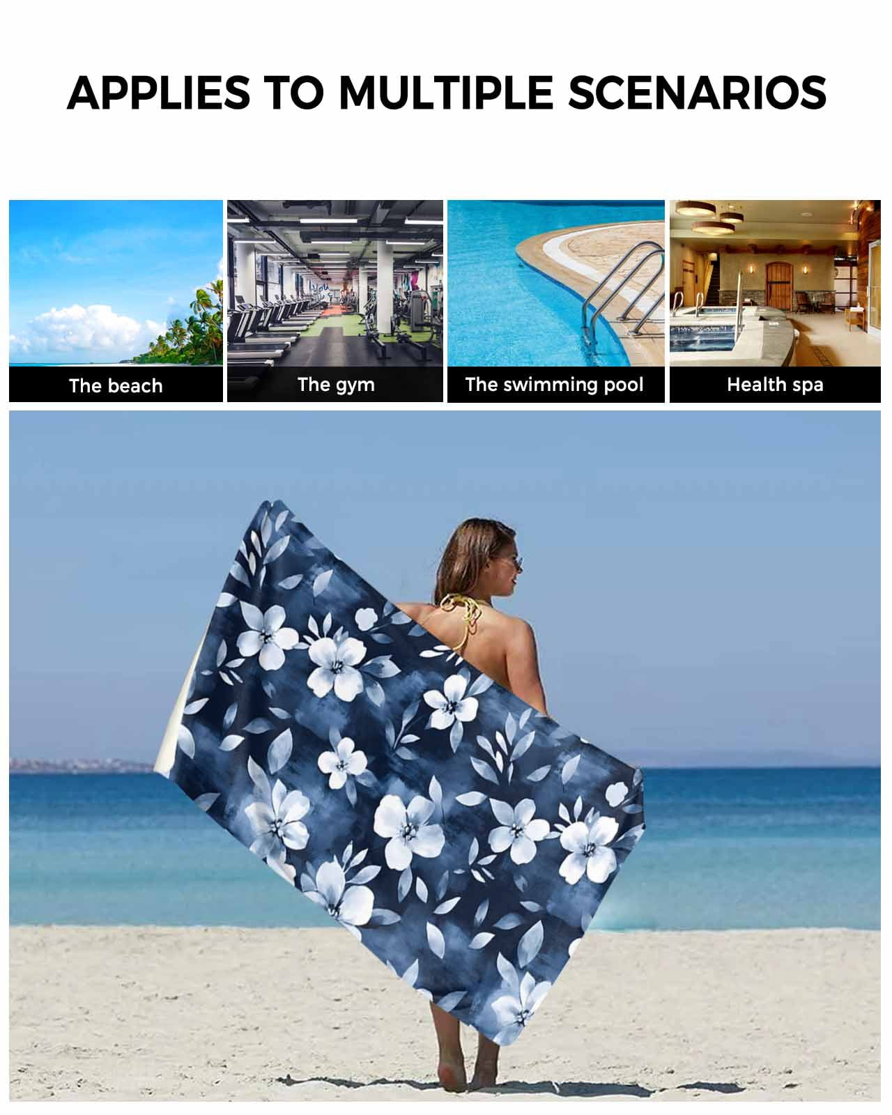 Navy Blue Spring Floral Towel Set of 3, Soft Microfiber Bath Towels, Hand Towel, Washcloths, Summer Flowers Watercolor Botanical Quick-Dry Absorbent Towels for Bathroom Kitchen Hotel Beach Gym Spa