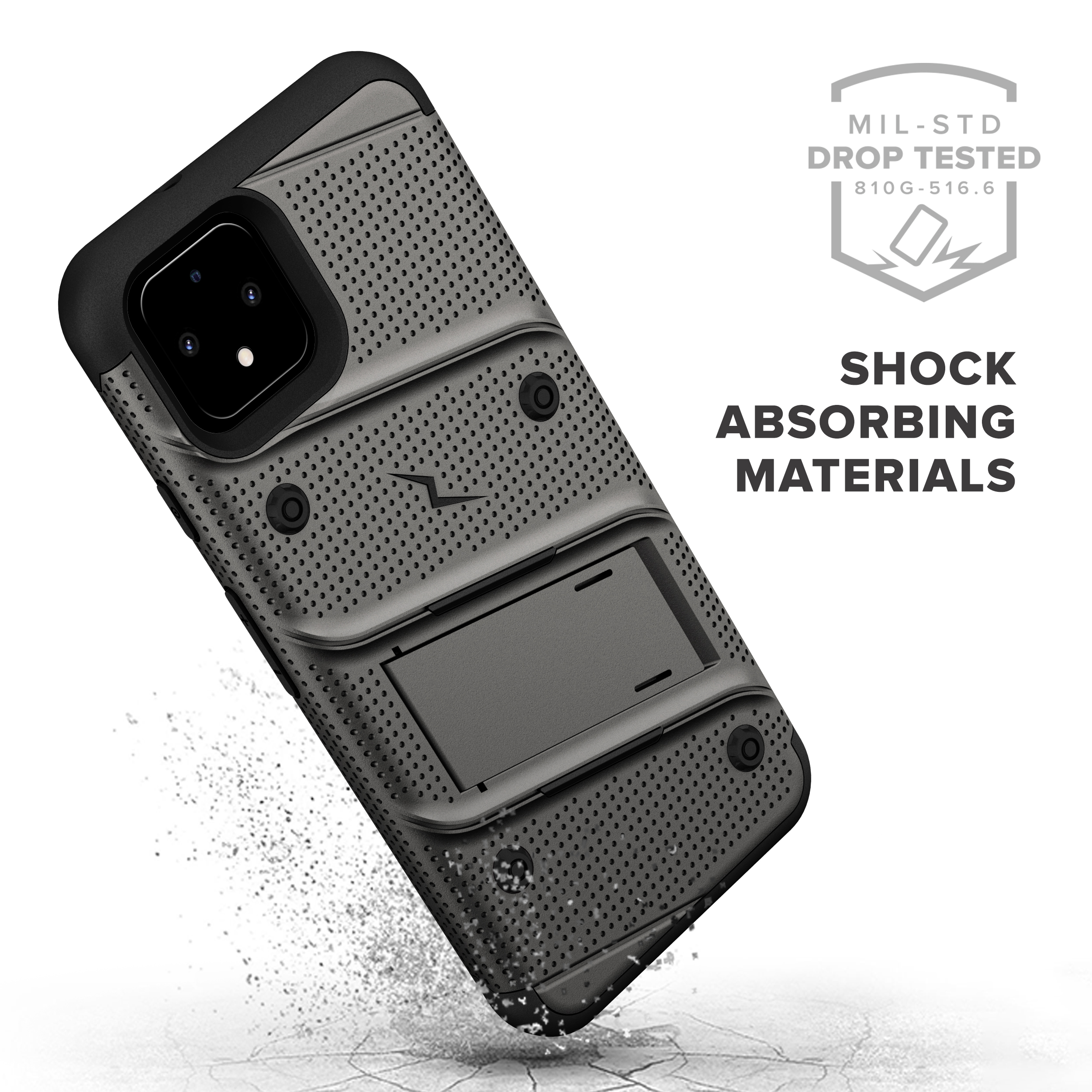 ZIZO BOLT Series Google Pixel 4 XL Case | Heavy-duty Military-grade Drop Protection w/ Kickstand Included Belt Clip Holster Tempered Glass Lanyard (Metal Gray/Black)