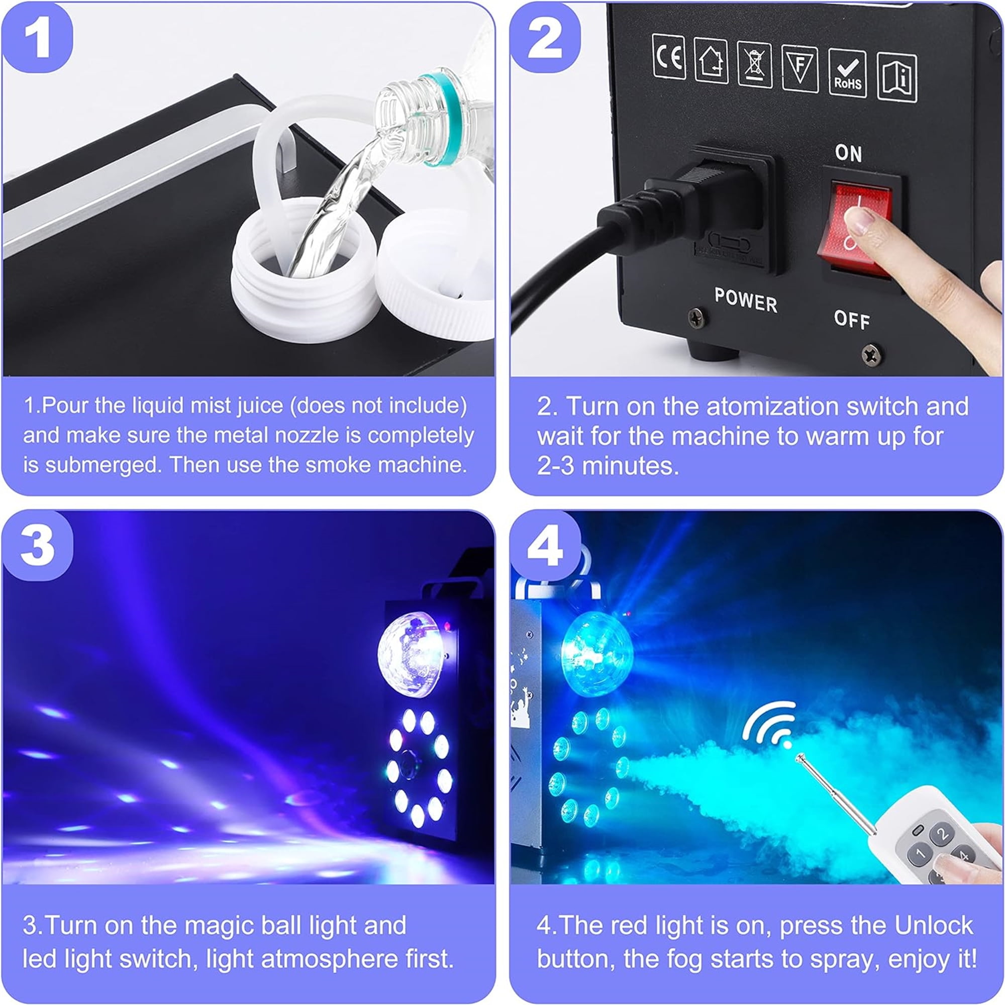 Fog Machine, Smoke Machine with Disco Ball Lights and 9 LED Lights, 700W Fog Machine  with Wireless Remote Control,  for Christmas Party/Wedding/Stage Show/Party Supplies