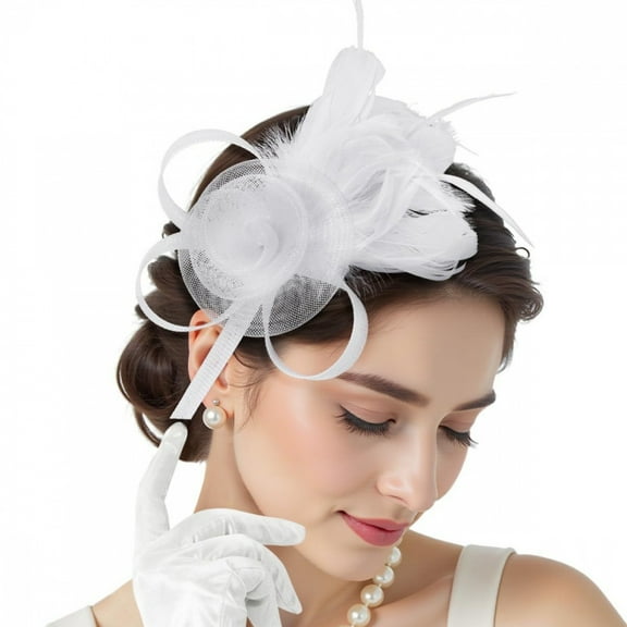 New mesh feather bridal headpiece retro elegant women's tea party top hat headband clip party performance headflower（White）