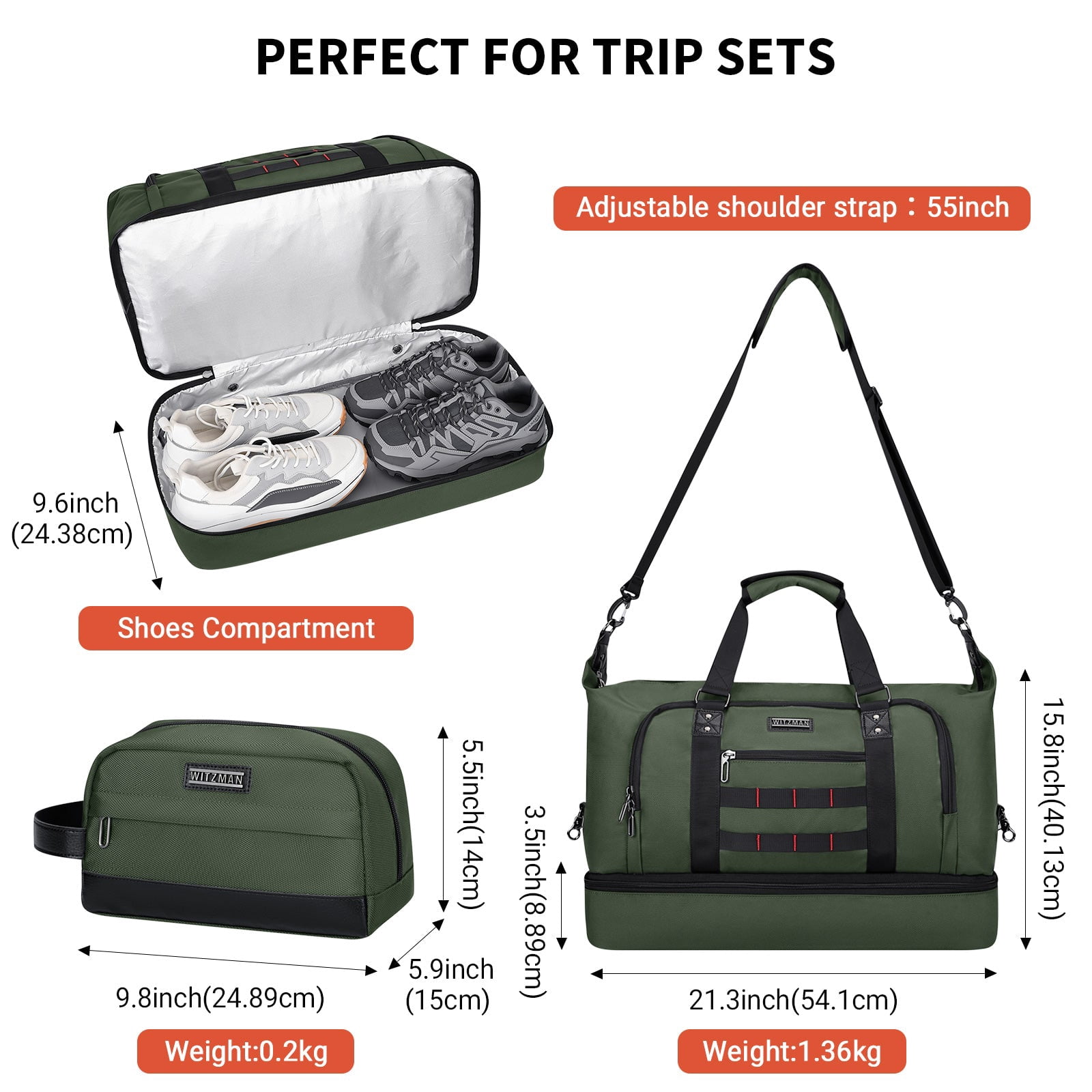 WITZMAN Travel Duffle Bags for Men Weekender Bags with Toiletry Bag Sets Carry on Overnight Bag 55L（B696 Army Green）