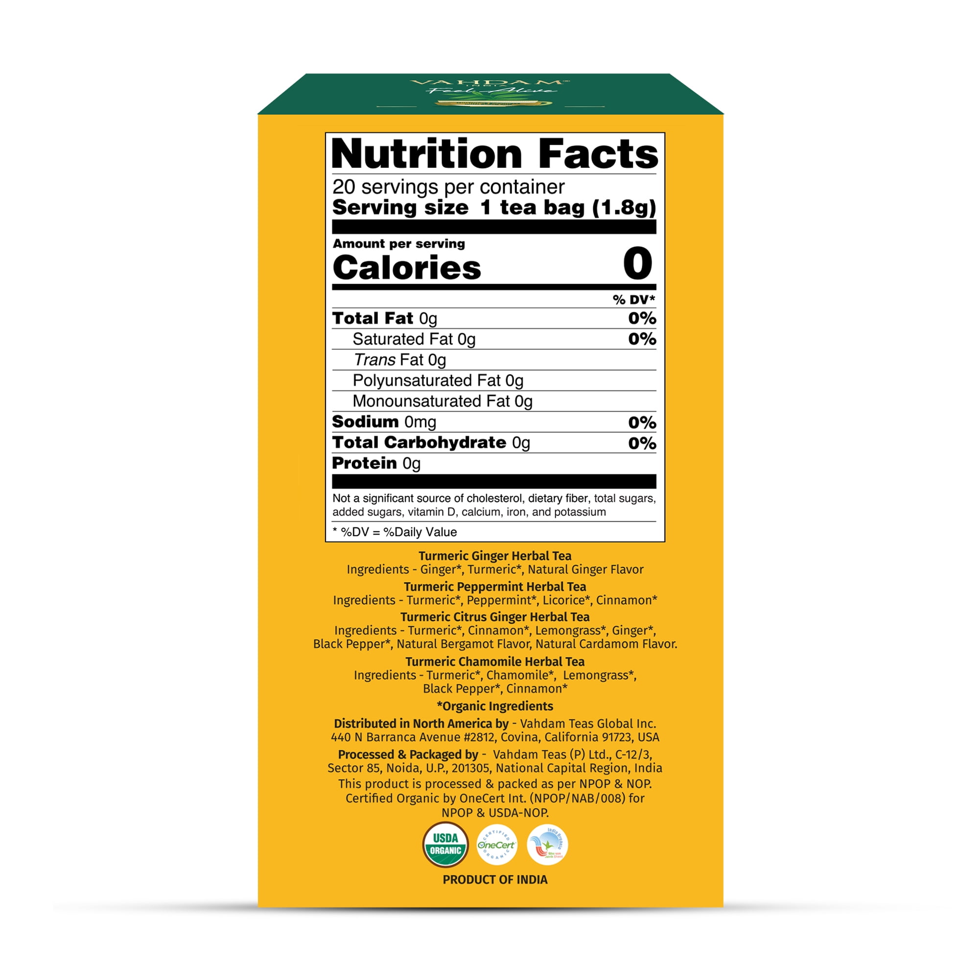 (3 pack) VAHDAM, USDA Organic Turmeric Herbal Tea Sampler (20 Tea Bags, 4 Flavors), Caffeine-Free, Gluten-Free |Turmeric with Citrus, Ginger, Chamomile & Peppermint Tea Variety | Individually Wrapped