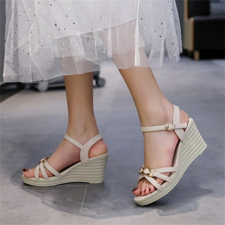

JeashCHAT Clearance Sandals for Women Women s Solid Color Sandals Metal Wedge Heel Flat Buckle Women s Slippers