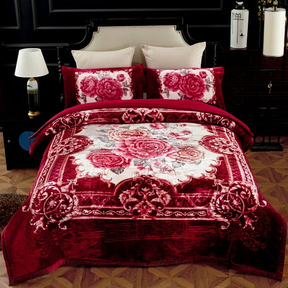 NC Sherpa Borrego Blanket 3 Piece, Flannel Fleece Blanket Set, King 79"x91", Burgundy