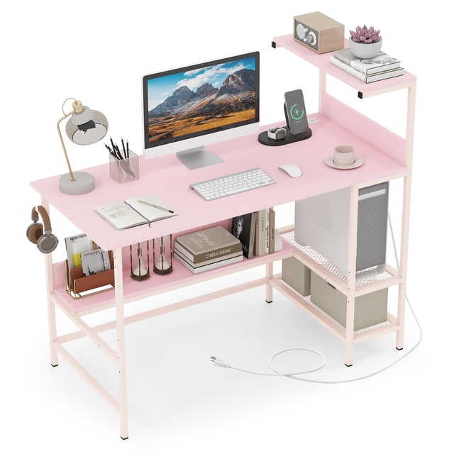 Costway 48" Computer Desk with Power Outlets, Reversible Office Desk with Storage Shelve Pink