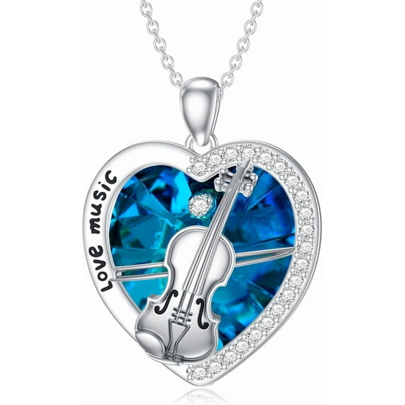 DVEATR Violin Necklace for Women 925 Sterling Silver Heart Crystal Pendant Necklace Music Jewelry Gifts for Women