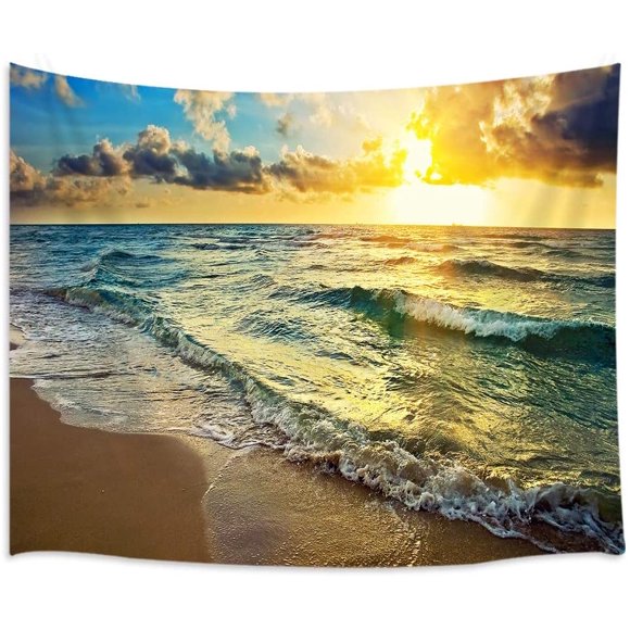 JOOCAR Ocean Beach Tapestry, Sunset Gold Coast Skyline Sea Water Natural Scenery Tapestry, Home Decor Wall Hanging Art, Pretty Living Room and Bedroom Design, 71" x 59"