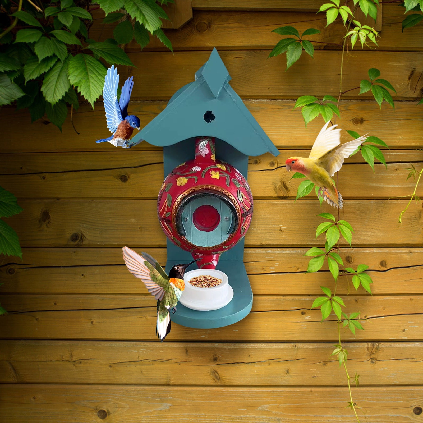FFENYAN Resin Ceramic teapot Decoration Bird Feeder Bird House And Feeder Vintage Style Outdoor Bird House Bird Feeder Teapot Teacup Design Garden Wall Hanging Resin Decoration