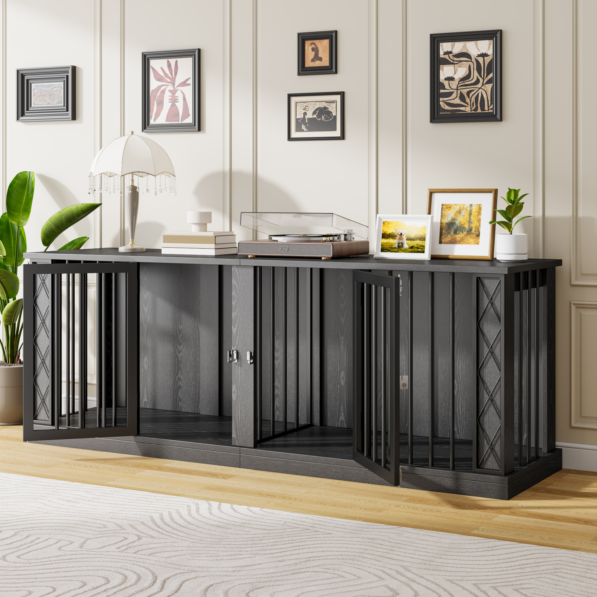 ModFurne 86.6" Dog Crate Furniture for Double Dogs, Heavy Duty Dog Cage Indoor for Small/Medium/Large Dogs, Dog Kennel Furniture Black