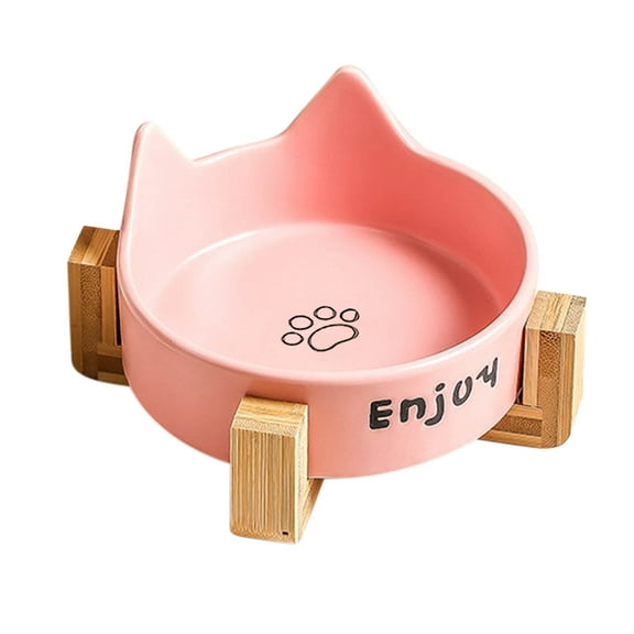 Ceramic Cat Bowls, Bowl Set with Non-Slip Wooden Stand, Dog Food and Water Bowl for Small Sized Pet, Easy to Clean Non