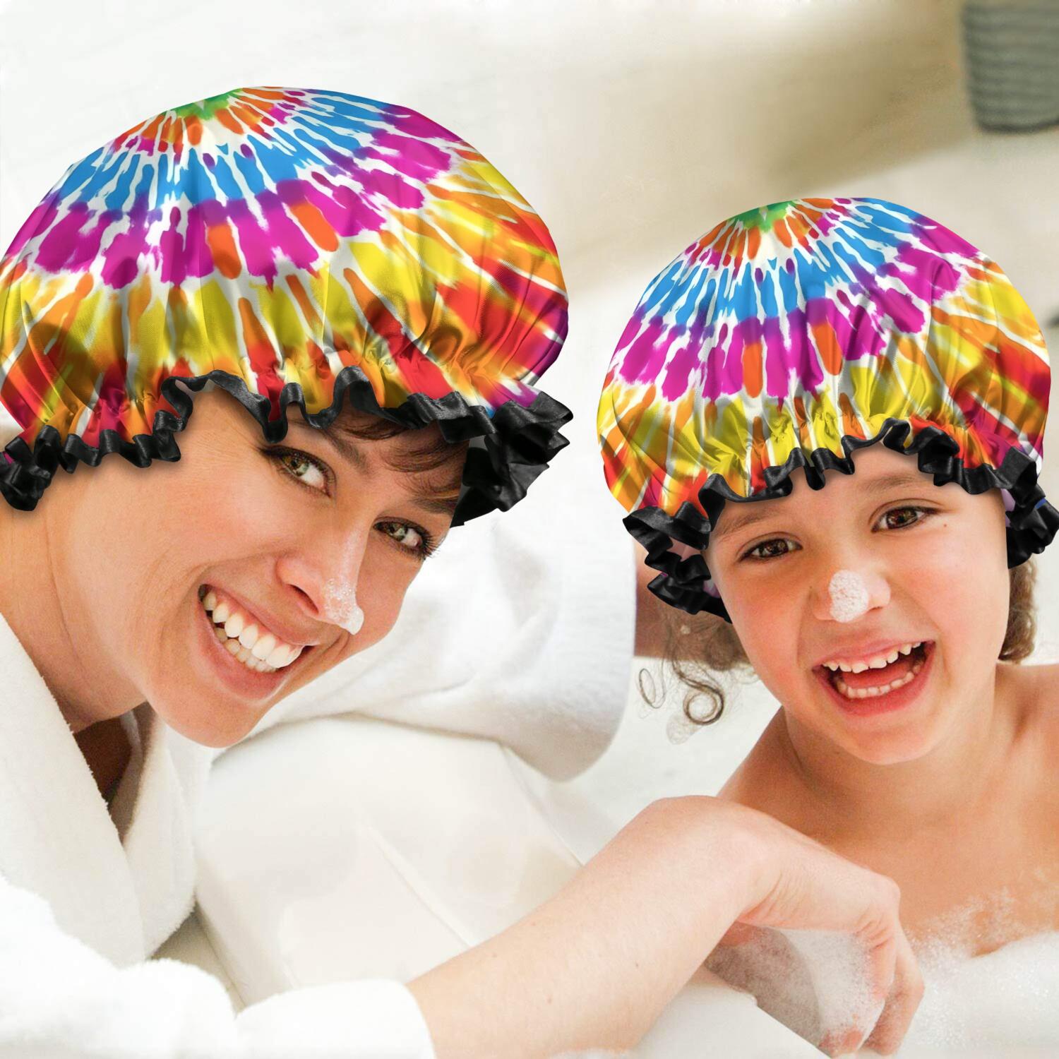 Shower Caps,Colorful Rainbow Tie Dye Spiral Pattern Waterproof Shower Cap for Women 4 Pieces,Double Reusable Hair Cover for Shower PEVA Elastic Stretch Hem