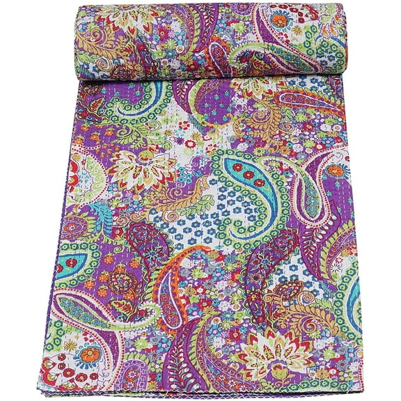Indian Handmade Pure Cotton Paisley Printed Kantha Quilt ,Bedspread,Bed CoverThrow Blanket Twin Size 60" x 90"